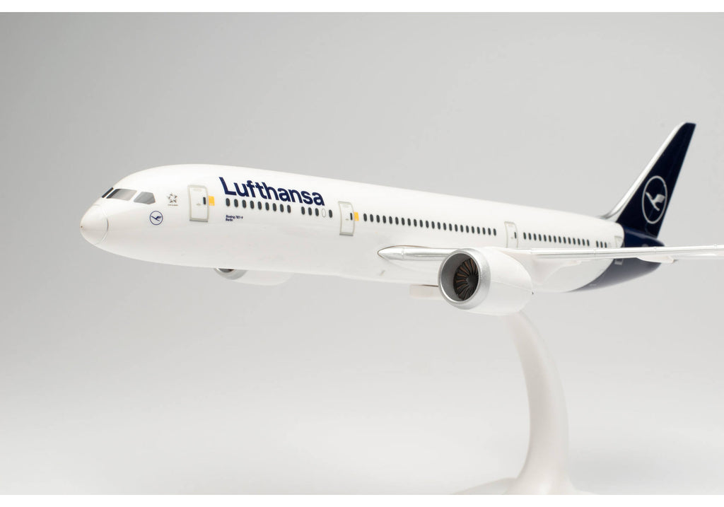 Herpa Boeing 787-9 Lufthansa Snap-Fit Plane Model on display stand